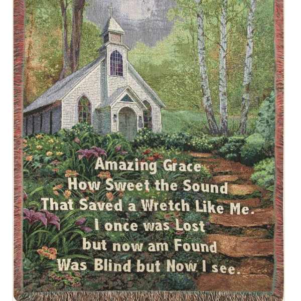 Tapestry of a small church in a flower garden with hymn text
