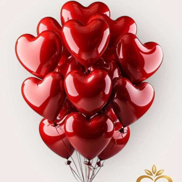 Cluster of red heart-shaped balloons tied together with strings