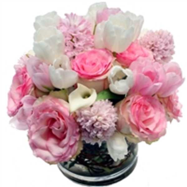Pink and white mixed bouquet in a round vase
