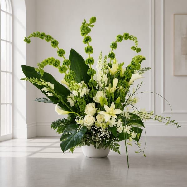 White floral arrangement in a white bowl with tall green accents