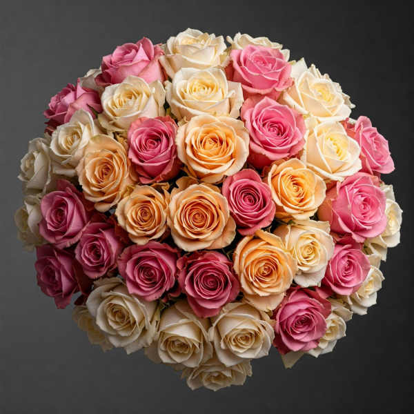 Round bouquet of pink, peach, and cream roses