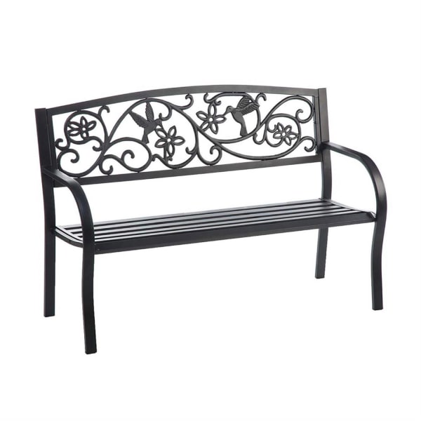 Black metal bench with decorative bird and flower backrest