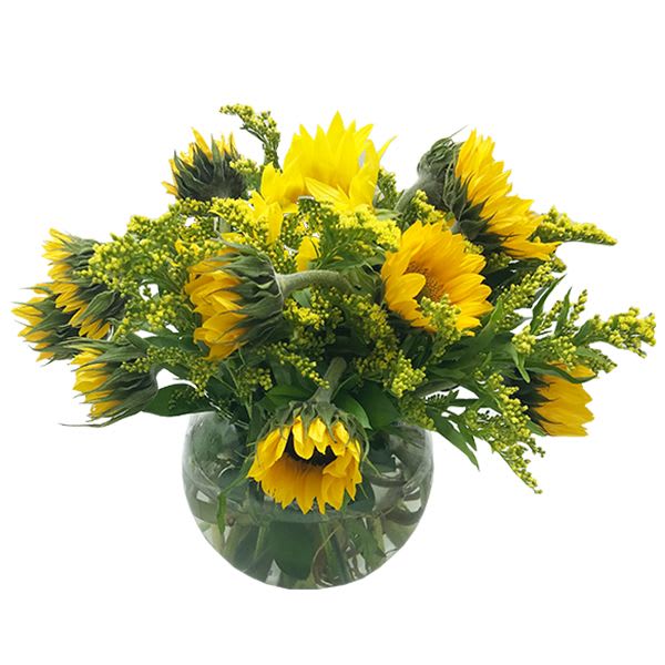 Bouquet of sunflowers in a round glass vase