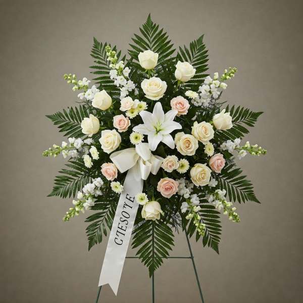 White floral standing spray with roses, lilies, and a ribbon on an easel