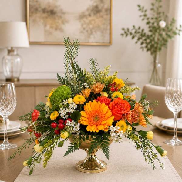 Bright orange and yellow floral centerpiece in a gold pedestal vase