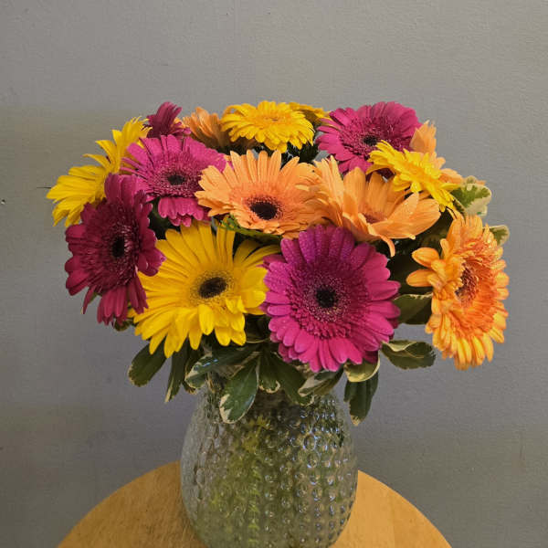 Bright gerbera daisy bouquet in a textured glass vase