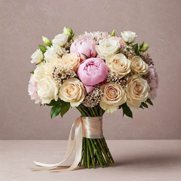 Bouquet of pink and white roses with peonies tied with a satin ribbon