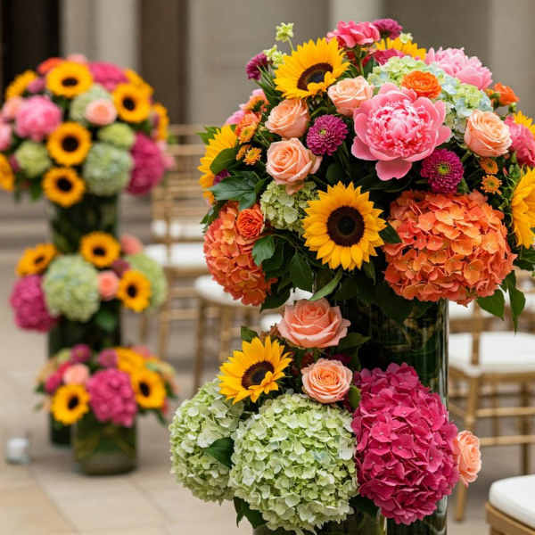 Tall colorful floral arrangement with sunflowers, roses, and hydrangeas in a glass vase