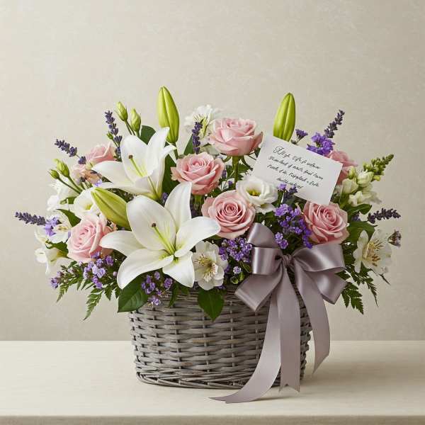 Basket arrangement of pink roses, white lilies, and purple flowers with a ribbon