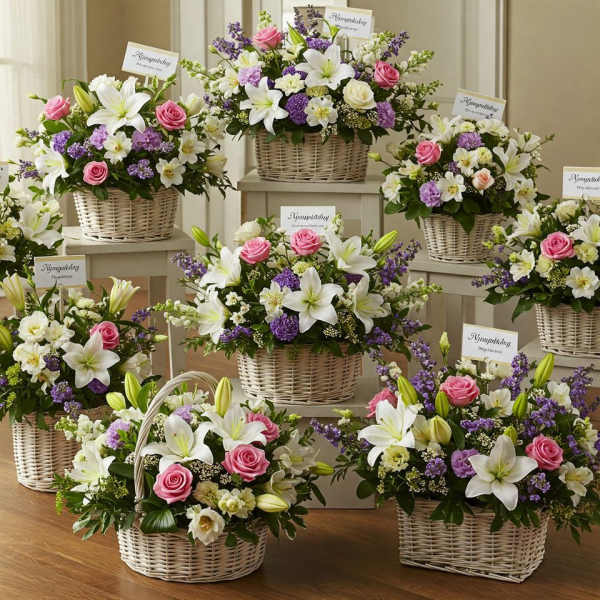 Multiple wicker baskets of white lilies, pink roses, and purple flowers arranged on pedestals
