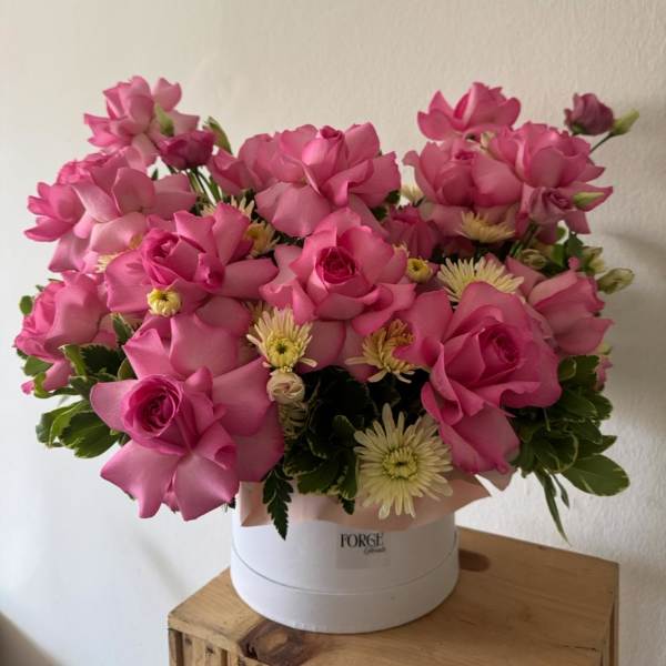 Petal poetry hat box arrangement- French roses with chrysanthemums