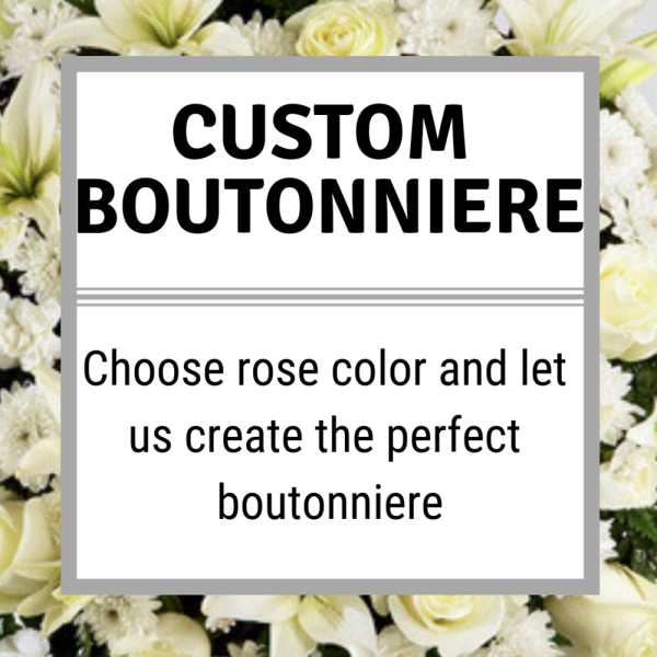 Custom boutonniere sign over a background of white flowers