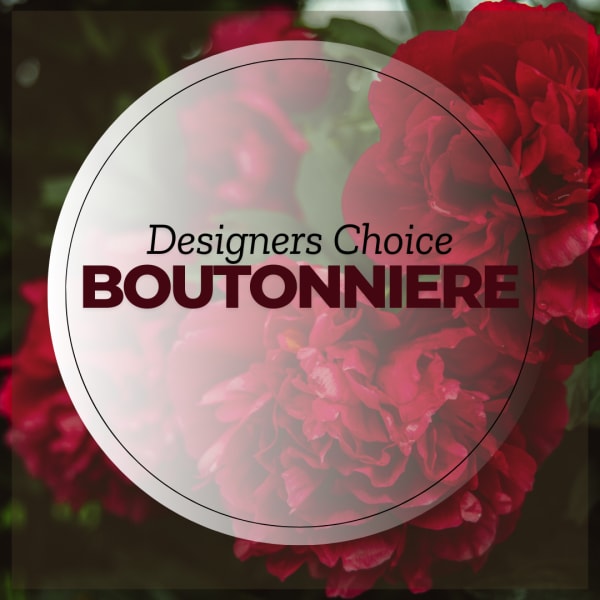 Red boutonniere with layered blooms and text overlay