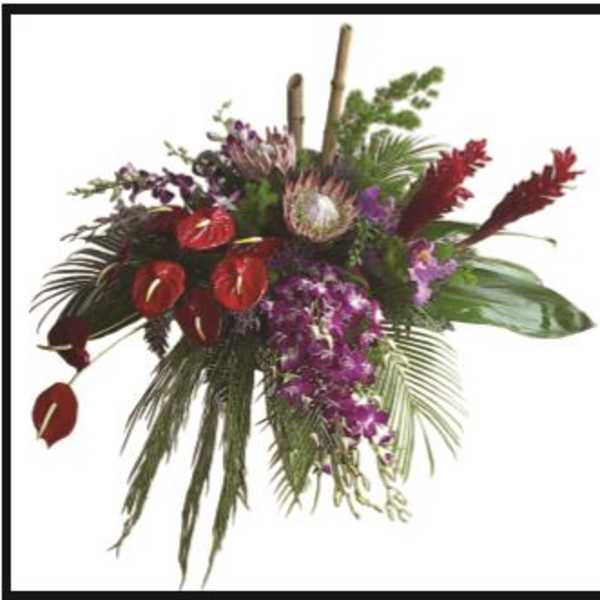 Tropical floral arrangement with red anthuriums and purple orchids
