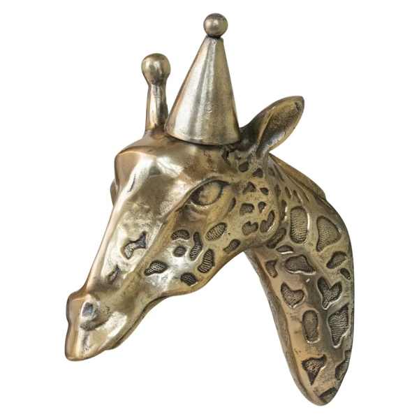 Metal giraffe head sculpture wearing a party hat