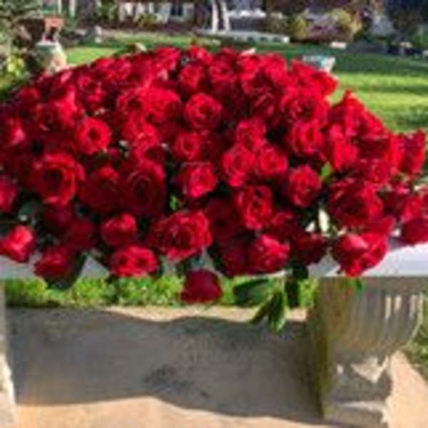 Large bouquet of red roses on a stone table outdoors