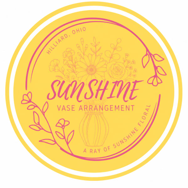 Yellow circular label with pink floral line art and the words "Sun Shine Vase Arrangement"