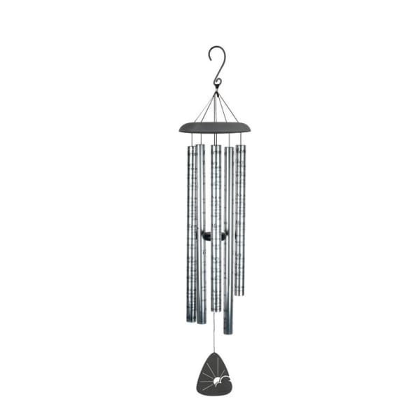 Metal wind chime with hanging tubes and a small clapper
