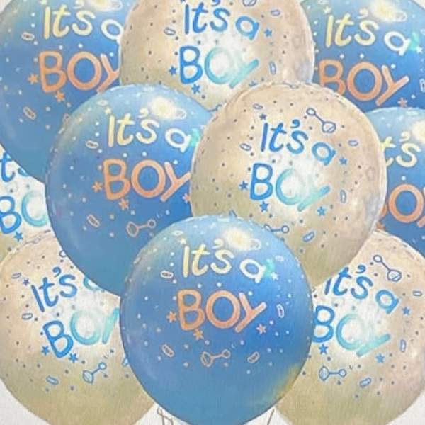 Cluster of blue and gold balloons printed with "It's a Boy"