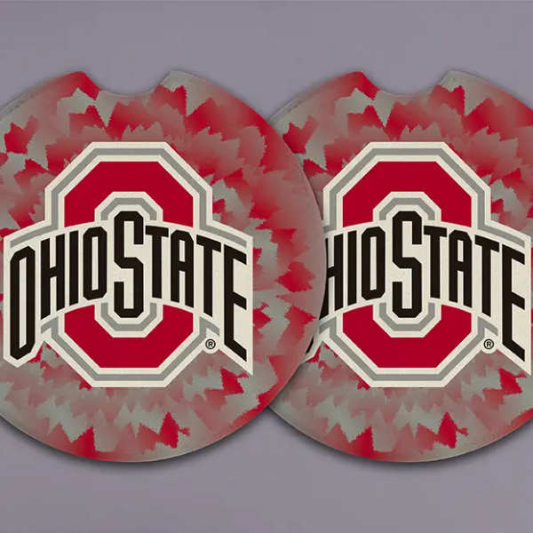 Two Ohio State logo round items with red and gray tie-dye pattern