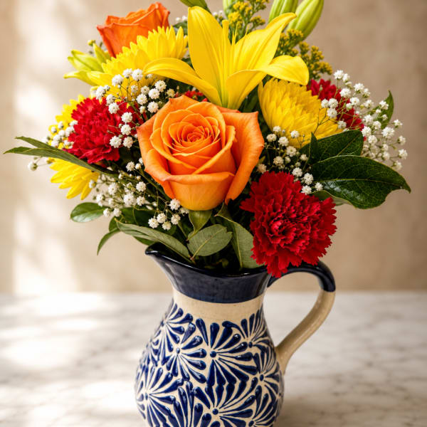 Bouquet of orange and yellow flowers in a patterned ceramic pitcher