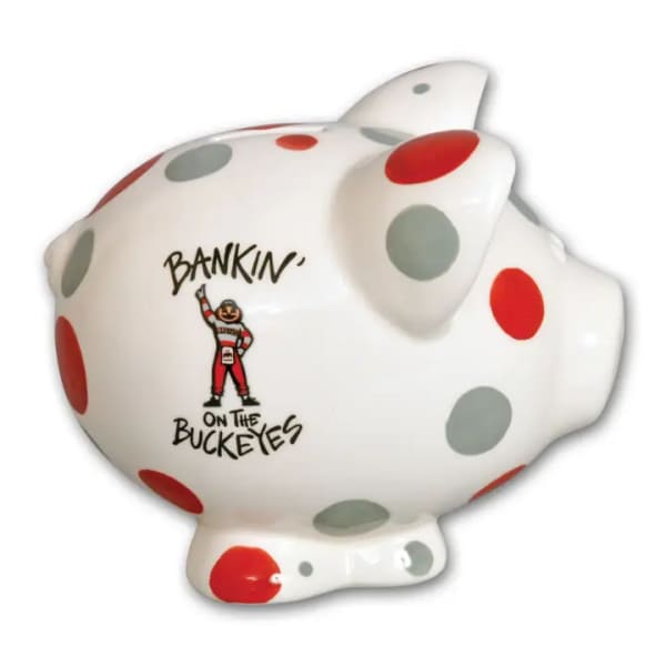 Polka-dot ceramic piggy bank with a Buckeyes graphic