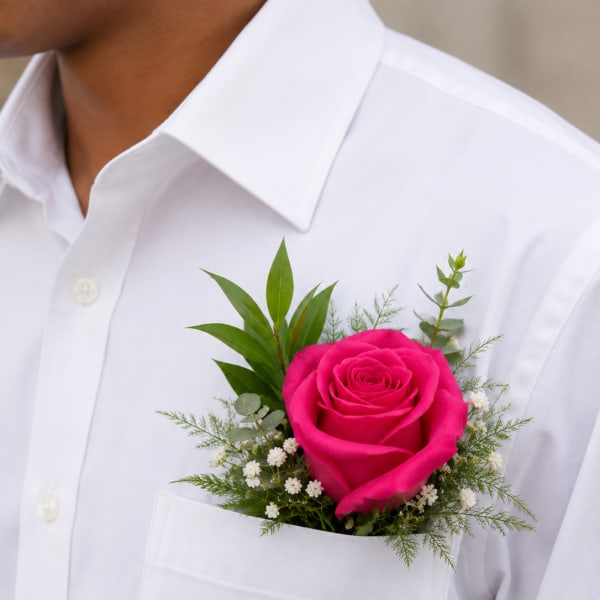 Hot pink rose boutonniere pinned to a white dress shirt