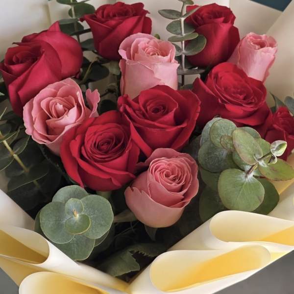 Bouquet of red and pink roses with eucalyptus wrapped in white paper