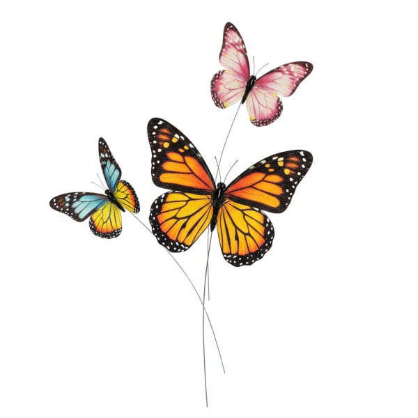 Three colorful butterfly picks on thin wires against a white background.