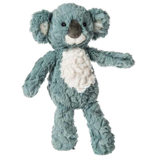 Soft teal stuffed koala toy with white belly and outstretched arms on a white background