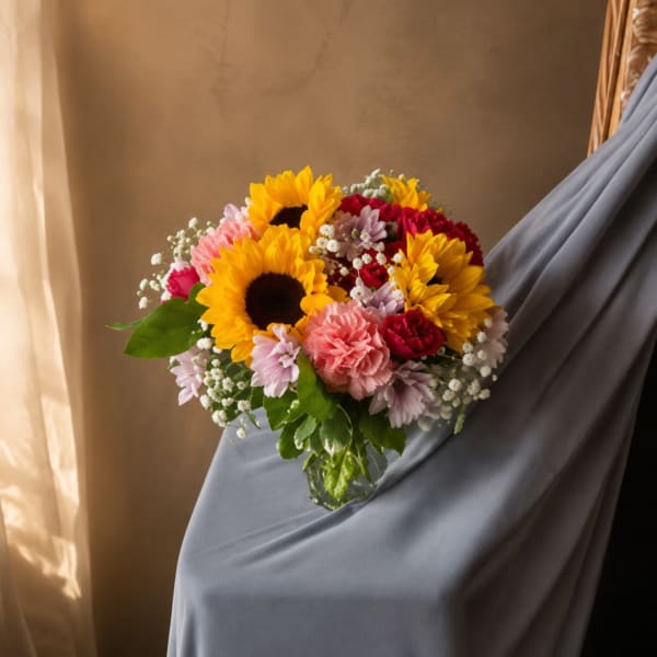Bouquet of sunflowers, carnations, and small daisies in pink, red, and yellow
