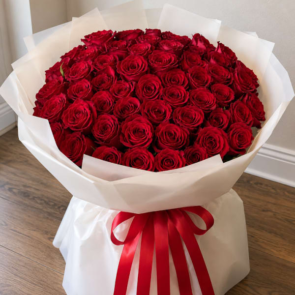 Large bouquet of red roses wrapped in white paper with a red ribbon