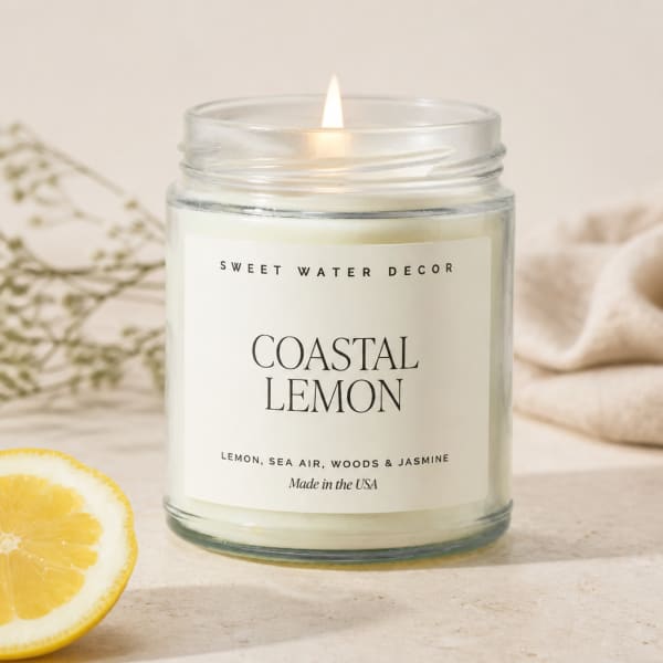 Lit lemon-scented candle in a glass jar with a lemon slice nearby