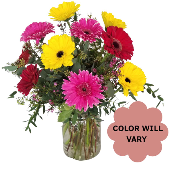 Bright gerbera daisy bouquet in a glass vase with mixed pink, red, and yellow blooms