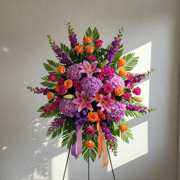 Standing floral spray with pink lilies, roses, and purple blooms on an easel.