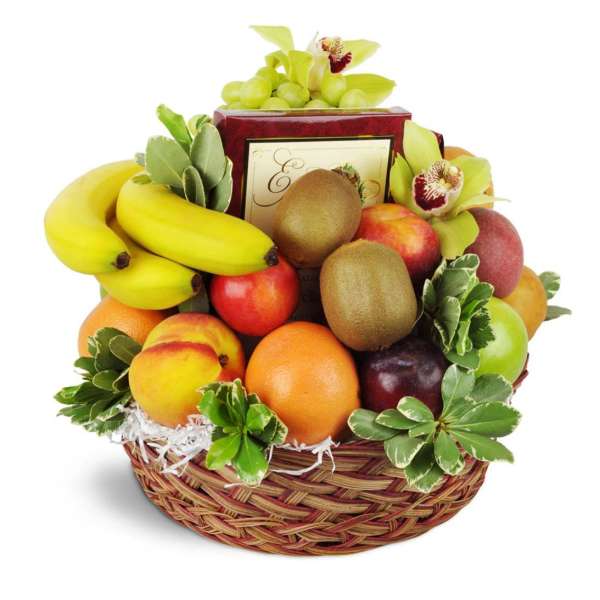 Fruit basket with bananas, oranges, kiwis, apples, and orchids