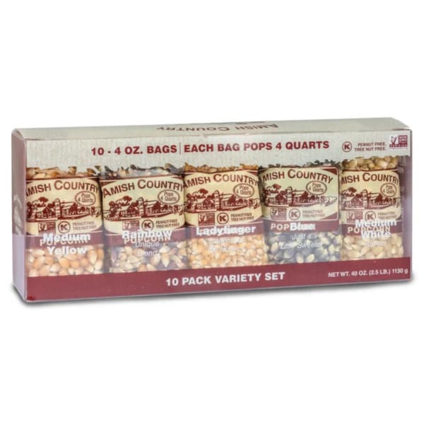 Boxed variety set of popcorn kernels in five labeled bags