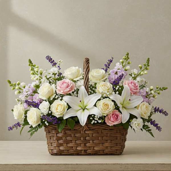 Basket arrangement of white and pink roses with white lilies and purple accents