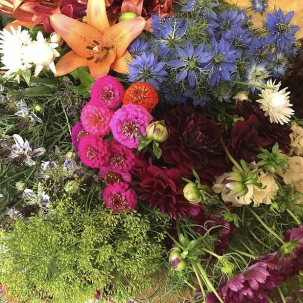 Mixed bouquet with orange lily, blue flowers, and pink blooms