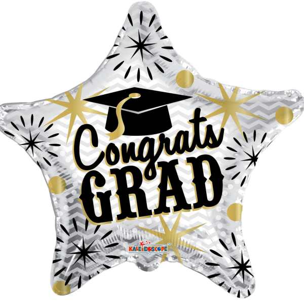 Star-shaped silver balloon with black and gold Congrats Grad text and graduation cap graphic