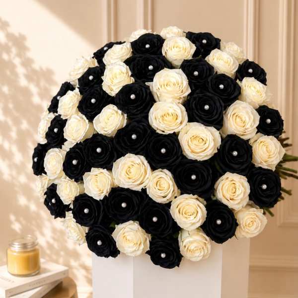 Black and white rose bouquet with pearl accents in a white box