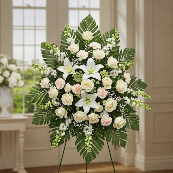 White floral standing spray with roses and lilies on an easel