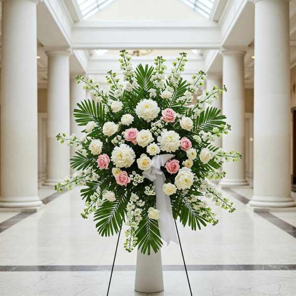 Large white and pink floral standing arrangement with palm leaves on an easel