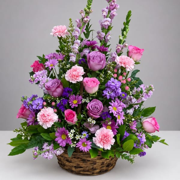 Pink and purple mixed flower arrangement in a wicker basket