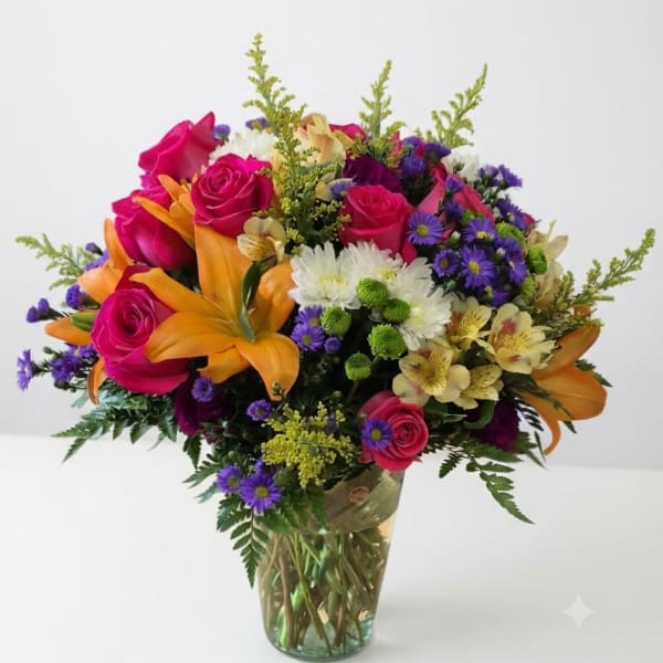 Mixed bouquet of pink roses, orange lilies, and purple daisies in a glass vase