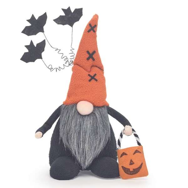 Halloween gnome plush with orange hat and pumpkin bag
