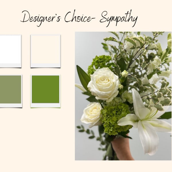 White roses and a white lily in a green-and-white bouquet