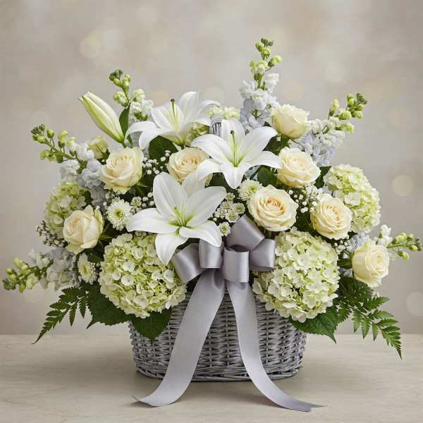 White lilies and cream roses in a wicker basket with a silver ribbon