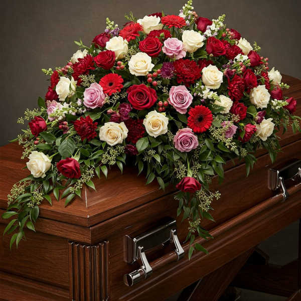 Casket spray of red, white, and pink roses with red daisies