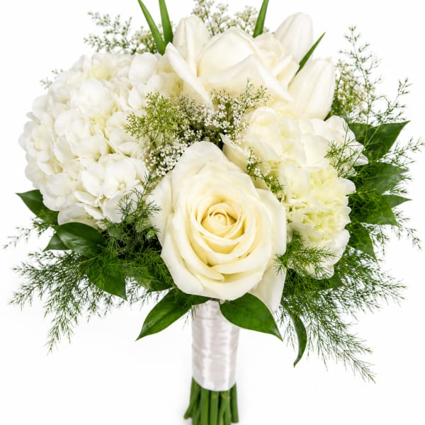 White rose and hydrangea bouquet with green filler and ribbon wrap